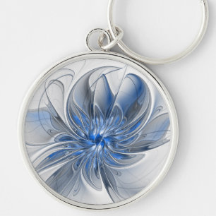 Abstrakt Blue Grått Watercolor Fractal Art Flower Rund Silverfärgad Nyckelring