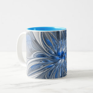Abstrakt Blue Grått Watercolor Fractal Art Flower Två-Tonad Mugg