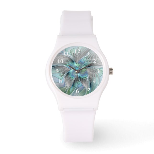 Abstrakt Blue Grönt Butterfly Fantasy Fractal Art Armbandsur (Framsida)