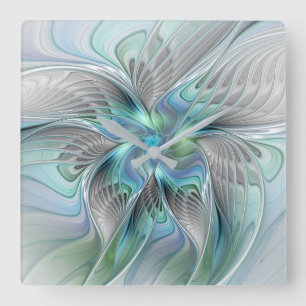 Abstrakt Blue Grönt Butterfly Fantasy Fractal Art Fyrkantig Klocka