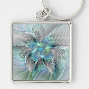 Abstrakt Blue Grönt Butterfly Fantasy Fractal Art Fyrkantig Silverfärgad Nyckelring