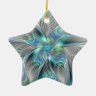 Abstrakt Blue Grönt Butterfly Fantasy Fractal Art Julgransprydnad Keramik