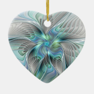 Abstrakt Blue Grönt Butterfly Fantasy Fractal Art Julgransprydnad Keramik