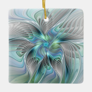 Abstrakt Blue Grönt Butterfly Fantasy Fractal Art Julgransprydnad Keramik