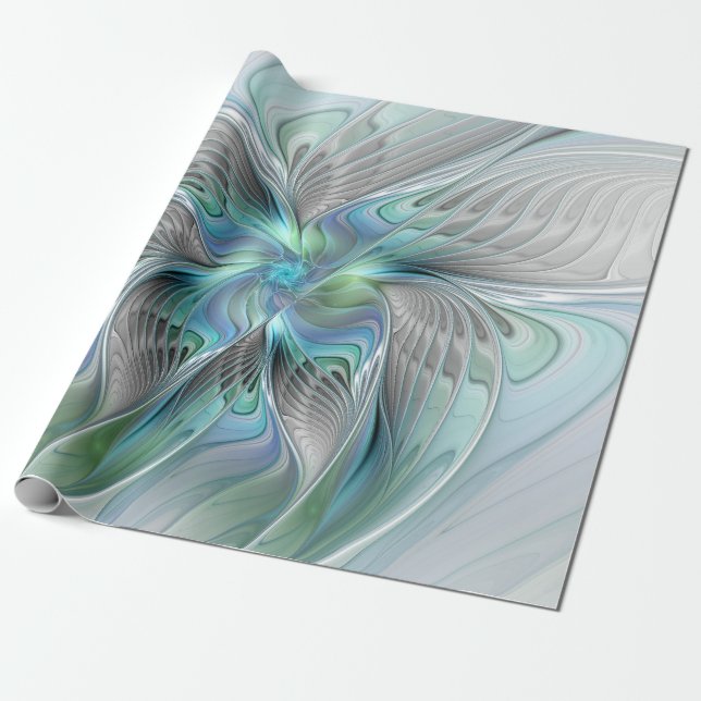 Abstrakt Blue Grönt Butterfly Fantasy Fractal Art Presentpapper (Utrullad)