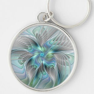 Abstrakt Blue Grönt Butterfly Fantasy Fractal Art Rund Silverfärgad Nyckelring