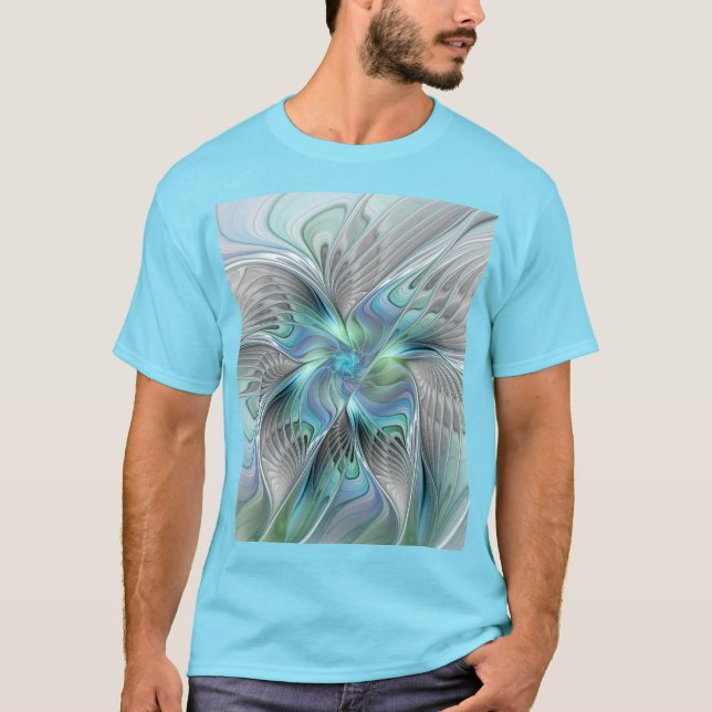 Abstrakt Blue Grönt Butterfly Fantasy Fractal Art T Shirt (Framsida)