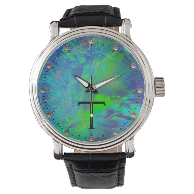 ABSTRAKT BLUE GRÖNT OPAL PHOTO MONOGRAM ARMBANDSUR (Framsida)