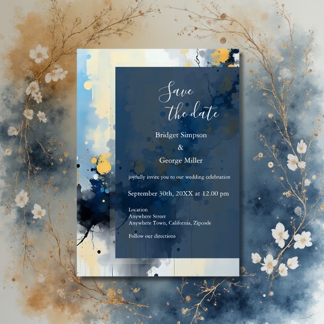 Abstrakt Blue & Guld Bläck Splatter Artwork bröllo Inbjudningar (Skapare uppladdad)