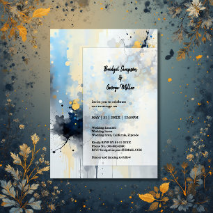 Abstrakt Blue & Guld Bläck Splatter Artwork bröllo Inbjudningar
