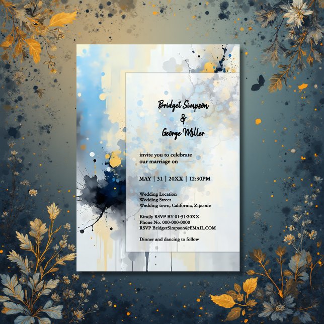 Abstrakt Blue & Guld Bläck Splatter Artwork bröllo Inbjudningar (Skapare uppladdad)
