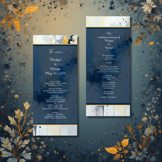 Abstrakt Blue & Guld Bläck Splatter Artwork bröllo Program (Skapare uppladdad)