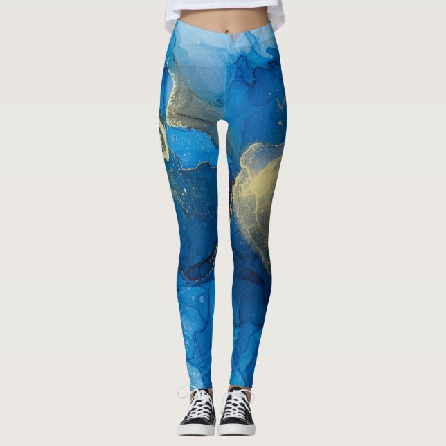 Abstrakt Blue Guld Marble Struktur Leggings (Framsida)