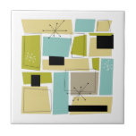 Abstrakt Blue Gult Squares Mid Century Kakelplatta<br><div class="desc">Denna funky är i mitten av århundradet en modern keramik med akvblått,  avokado,  grönt,  gult och stearinrektanglar,  tillsammans med högdagrar av svartvita stjärnor. Lägg till en roligt till din hemdekanter!</div>