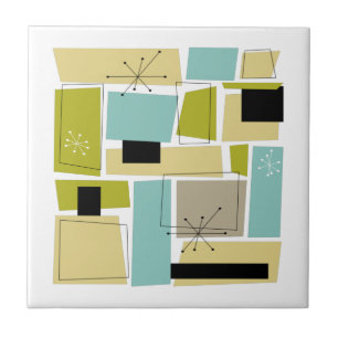 Abstrakt Blue Gult Squares Mid Century Kakelplatta