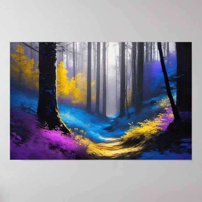 Abstrakt Blue Lila and Gult Dreamy Forest Poster (Framsidan)