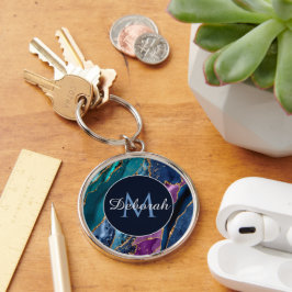 Abstrakt Blue Lila Guld Agate Monogram Rund Silverfärgad Nyckelring