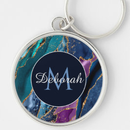 Abstrakt Blue Lila Guld Agate Monogram Rund Silverfärgad Nyckelring