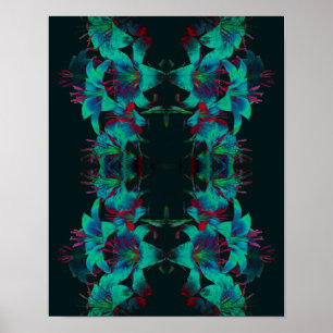 Abstrakt Blue Lily Flowers Raindrops Poster
