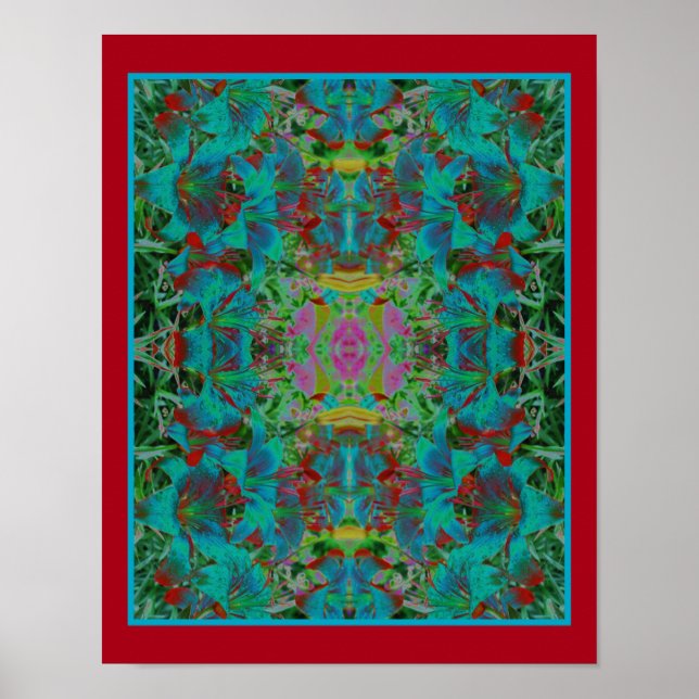 Abstrakt Blue Lily Flowers Raindrops Poster (Framsidan)