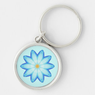 Abstrakt Blue Lotus Flower Painting Keychains Rund Silverfärgad Nyckelring