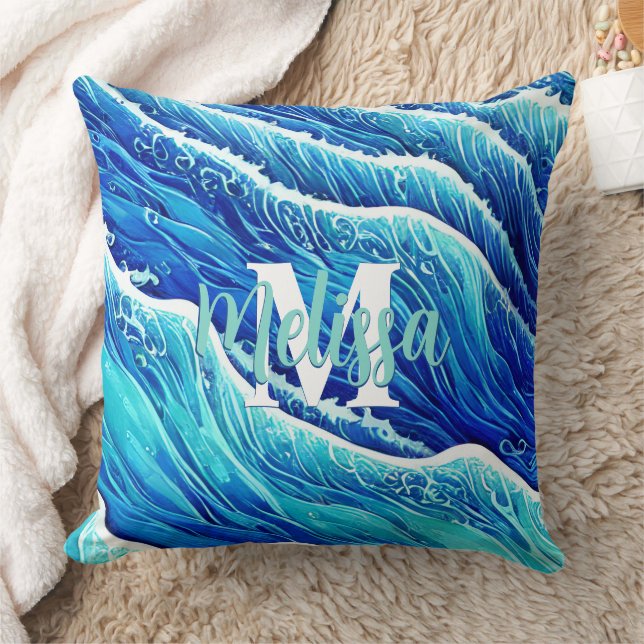 Abstrakt Blue Ocean Vinkar Monogramme Kudde (Filt)