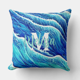 Abstrakt Blue Ocean Vinkar Monogramme Kudde