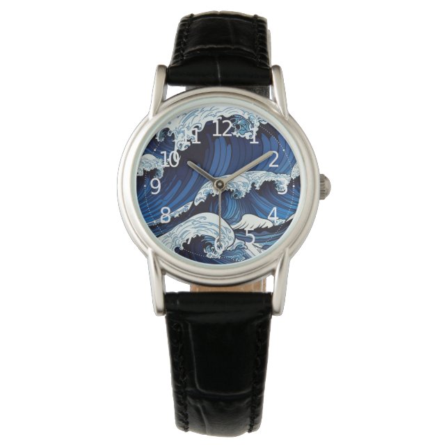 Abstrakt Blue Ocean Vinkar Stil japansk teckning | Armbandsur (Framsida)