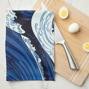 Abstrakt Blue Ocean Vinkar Stil japansk teckning Kökshandduk