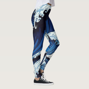Abstrakt Blue Ocean Vinkar Stil japansk teckning Leggings