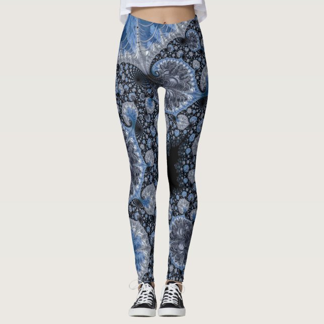 Abstrakt Blue- och Black Intricate Fractal Leggings (Framsida)