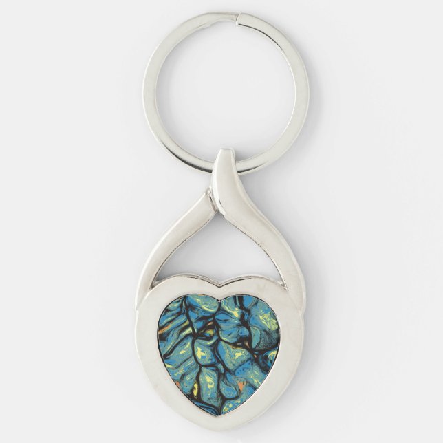 Abstrakt Blue och Grönt Patternated Art Twisted Heart Silverfärgad Nyckelring (Framsidan)