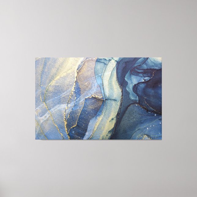 Abstrakt Blue och Guld Alkohol Bläck Canvastryck (Framsida)