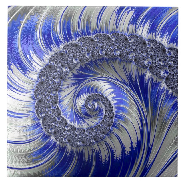 Abstrakt Blue och White Spiral Fractal Kakelplatta (Framsidan)