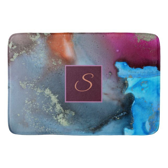 Abstrakt Blue Orange Red Vågar Monogram Badrumsmatta (Framsidan)