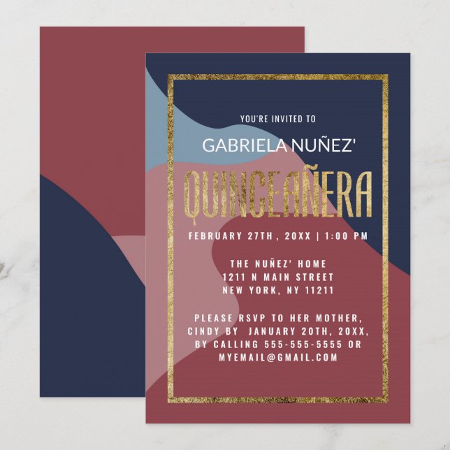 Abstrakt Blue Rosa Guld Geometric Quinceañera Inbjudningar (Fram/baksida)