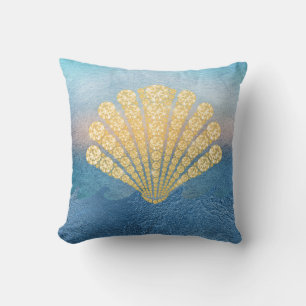 Abstrakt Blue Sea Guld Diamond Seashell Kudde