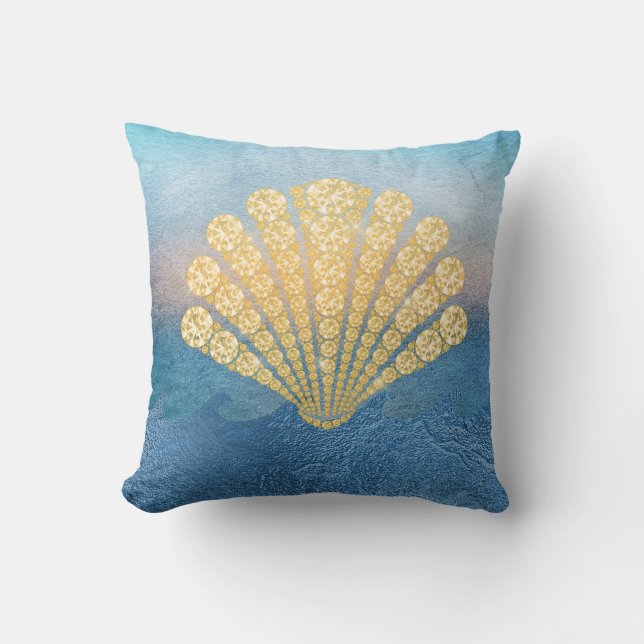 Abstrakt Blue Sea Guld Diamond Seashell Kudde (Framsida)