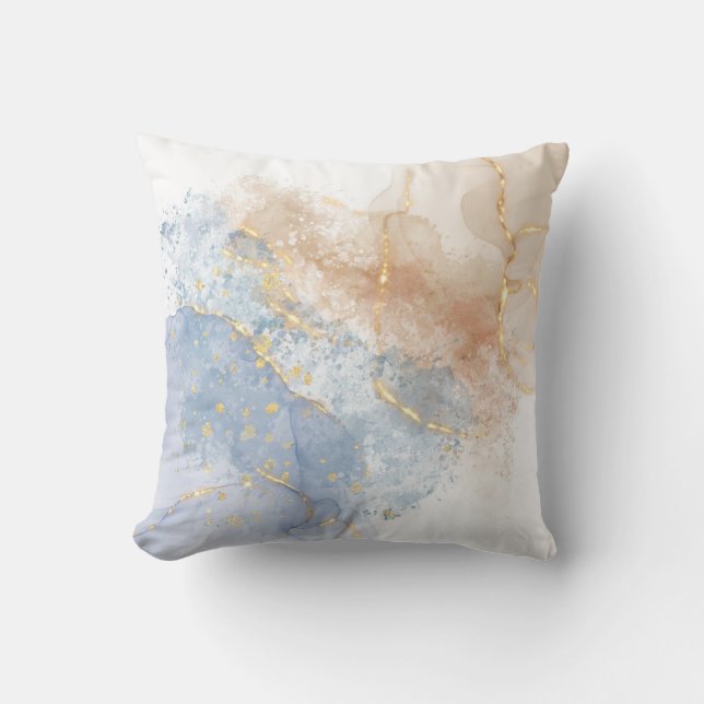 Abstrakt Blue, Taupe och Guld Kudde (Framsida)