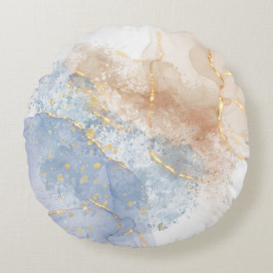 Abstrakt Blue, Taupe och Guld Rund Kudde