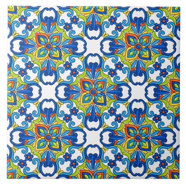 Abstrakt Blue Tiled Mexikanska Talavera Mönster Kakelplatta (Framsidan)