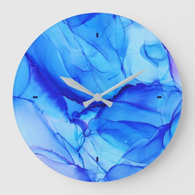 Abstrakt Blue Unique Alcohol Bläck Art Stor Klocka (Framsida)