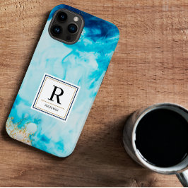 Abstrakt Blue Watercolor Guld Glitter Monogramme