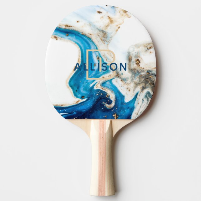 Abstrakt Blue White Guld Marble Monogram Pingisracket (Framsidan)