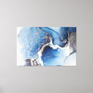 Abstrakt Blue, White och Silver Alcohol Bläck Canvastryck