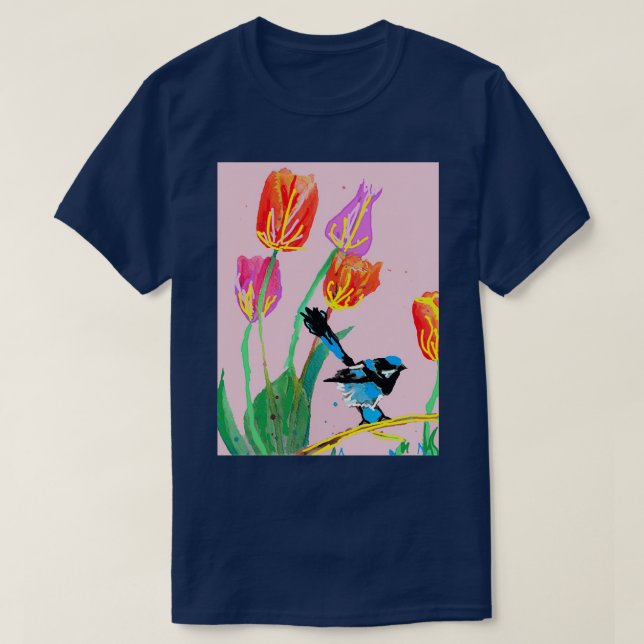 Abstrakt Blue Wren och Tulips Painting på Blek Pin T Shirt (Design framsida)