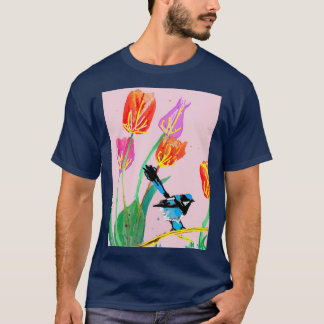 Abstrakt Blue Wren och Tulips Painting på Blek Pin T Shirt