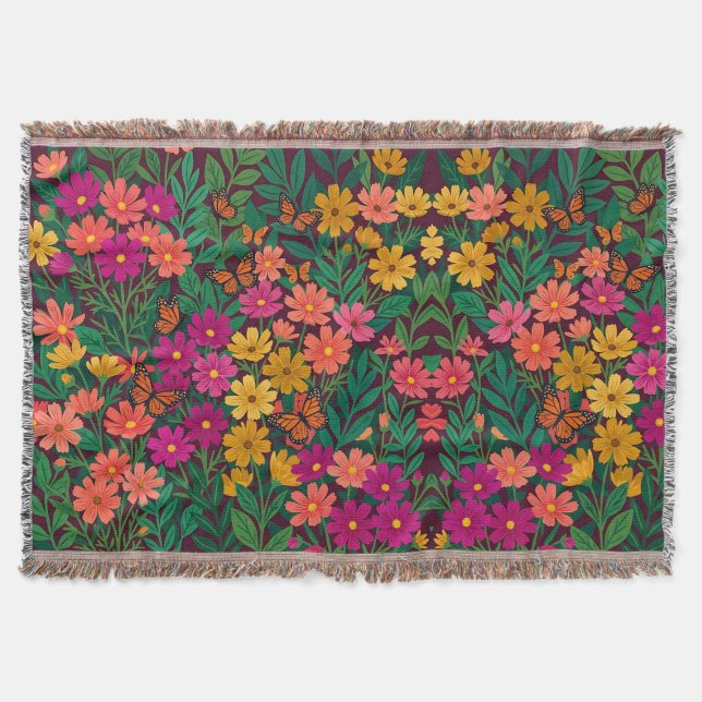 Abstrakt Boho Blommig Kosmos Fjärilar Filtar (Framsidan)