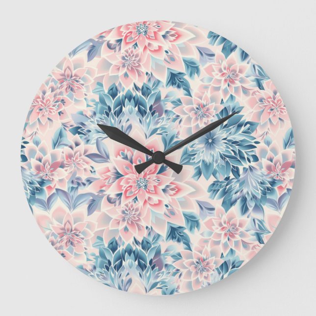 Abstrakt Boho Blommigt Pastel Rosa Grönt Blue Stor Klocka (Framsida)