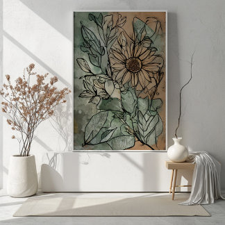 Abstrakt Boho Blommigt Sage and Beige Poster